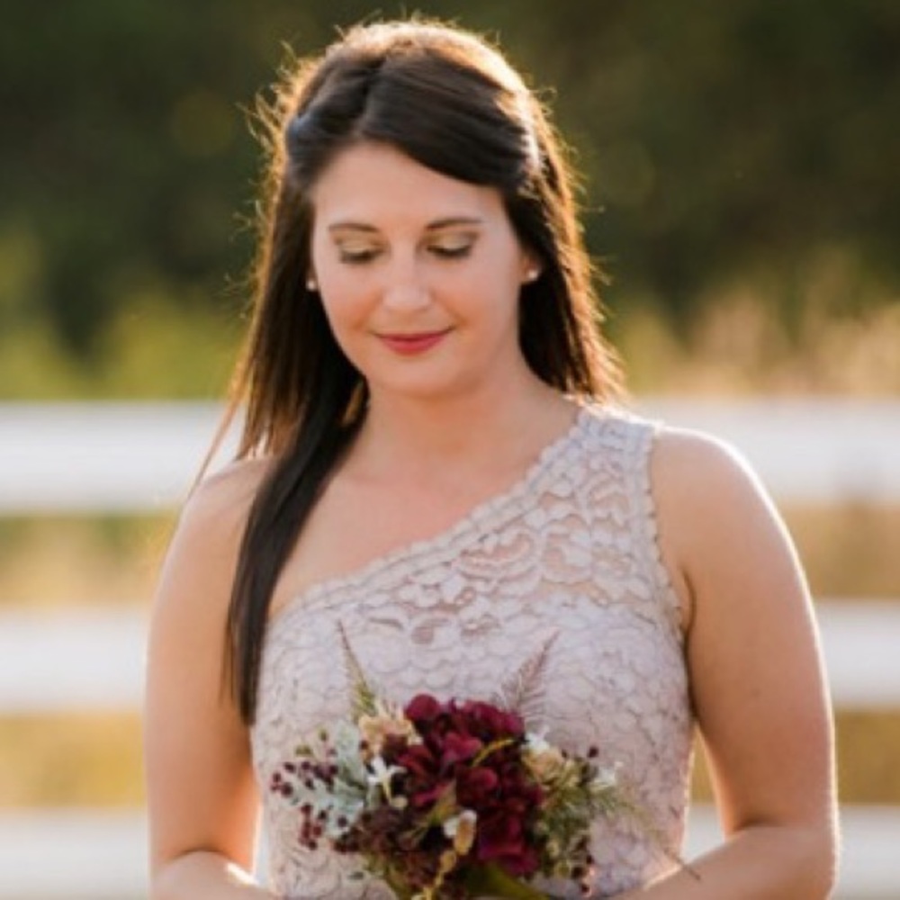 David’s Bridal taupe bridesmaid dress
